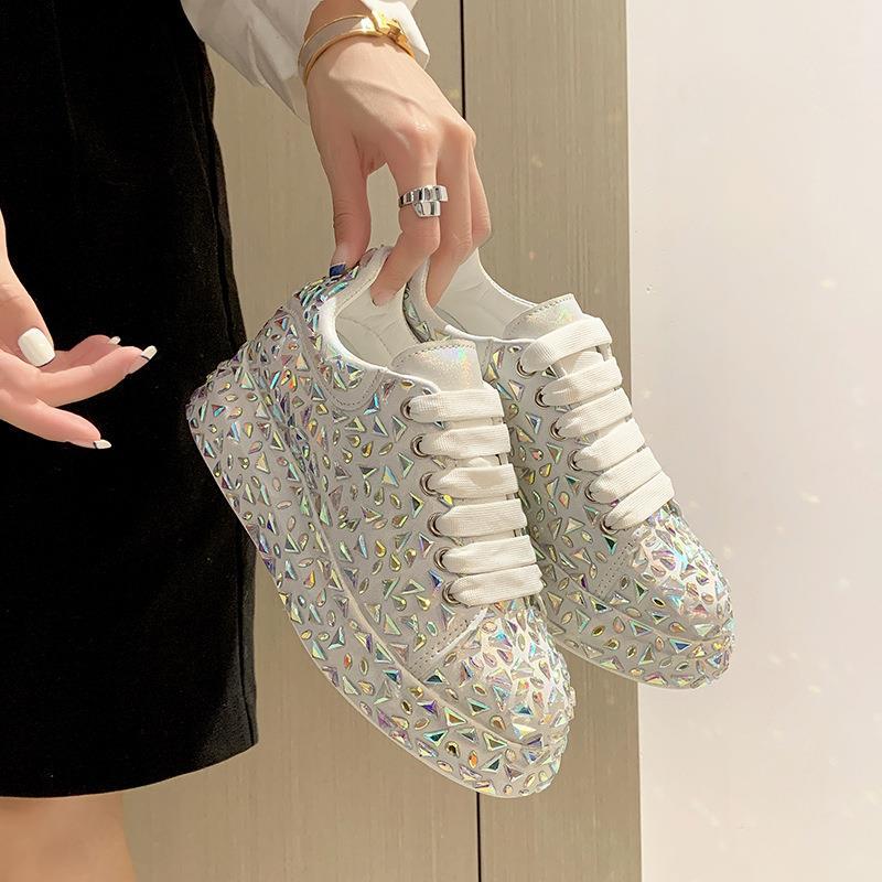 McQueen board shoes full of diamonds little white shoes women show thin rhinestones fried street leisure sports dad shoes women
