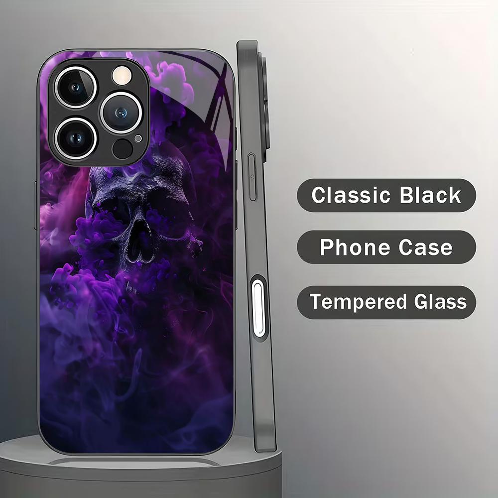 Smoke Skull Pattern Tempered Glass Phone Case Suitable for iPhone 17 16 15 14 13 12 11 Pro Max Plus Shockproof Back Cover