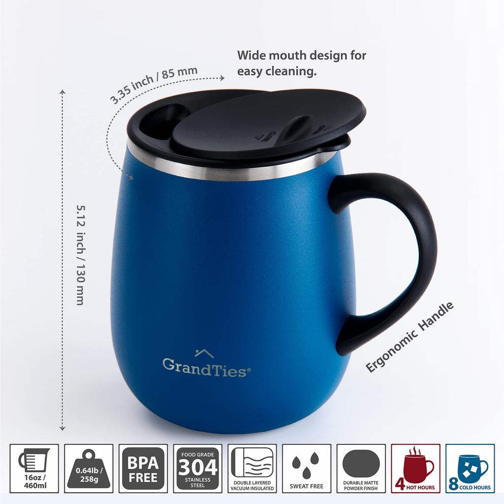 GRANDTIES 19 Colors Premium Vacuum Insulated Mug 460ml Easy To Slide Lid Included Stainless Steel Double Wall Vacuum Insulated Structure Comes with
