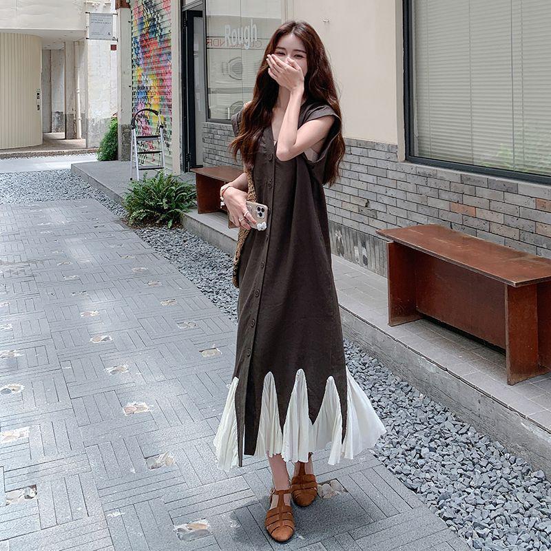 Women's French Retro Summer Patchwork Dress - Casual, Relaxed, Long Style, 2026