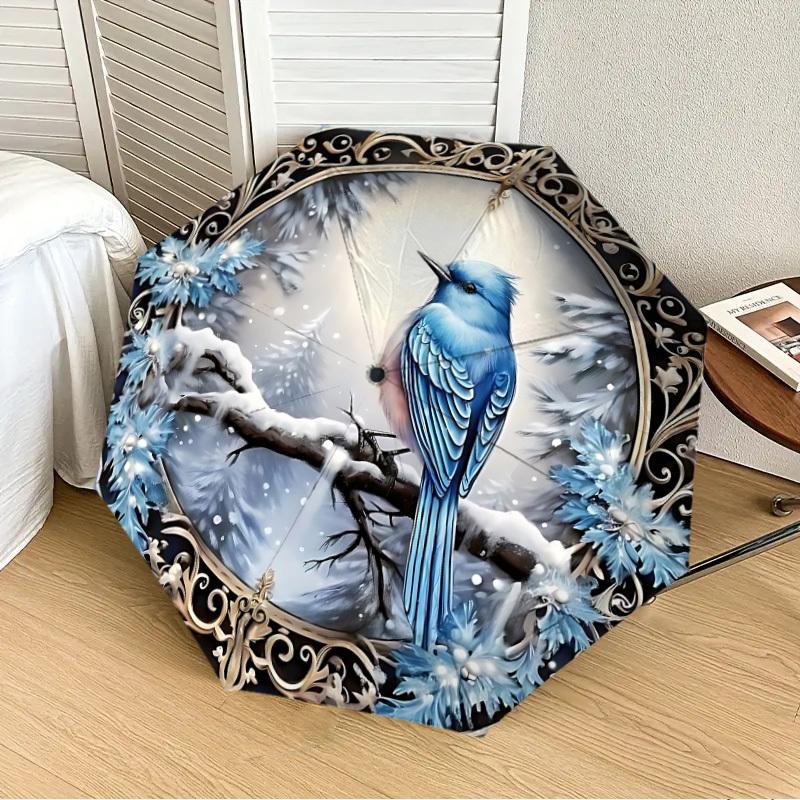 

1PC Winter Bird Decor Automatic 8-Bone Folding Umbrella - Durable Polyester & Iron Frame,Userfriendly Operation y250929179