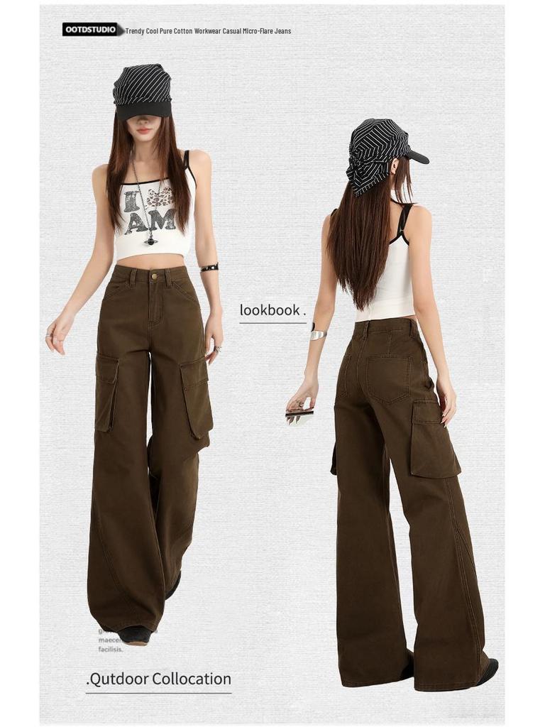 Women's Trendy Cotton Micro-Flare Casual Jeans with Patch Pockets and Deconstructed Design