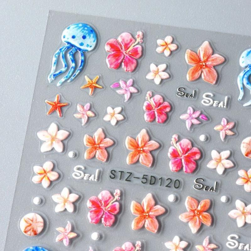 3D Summer Ocean Nail Stickers Beach Themed Begonia Flower Shell Starfish Jellyfish Plumeria Nail Art Decorations For Women Girls