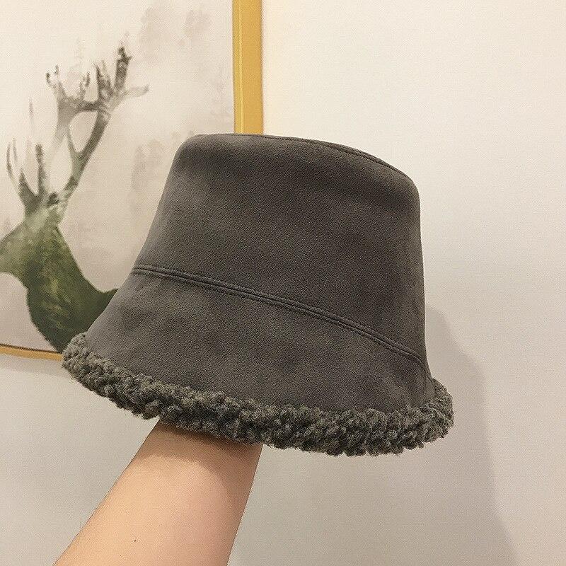 Double-sided Suede Lamb Wool Plush Warm Basin Hat Female Winter Solid Colr Balck Bucket Hat Women