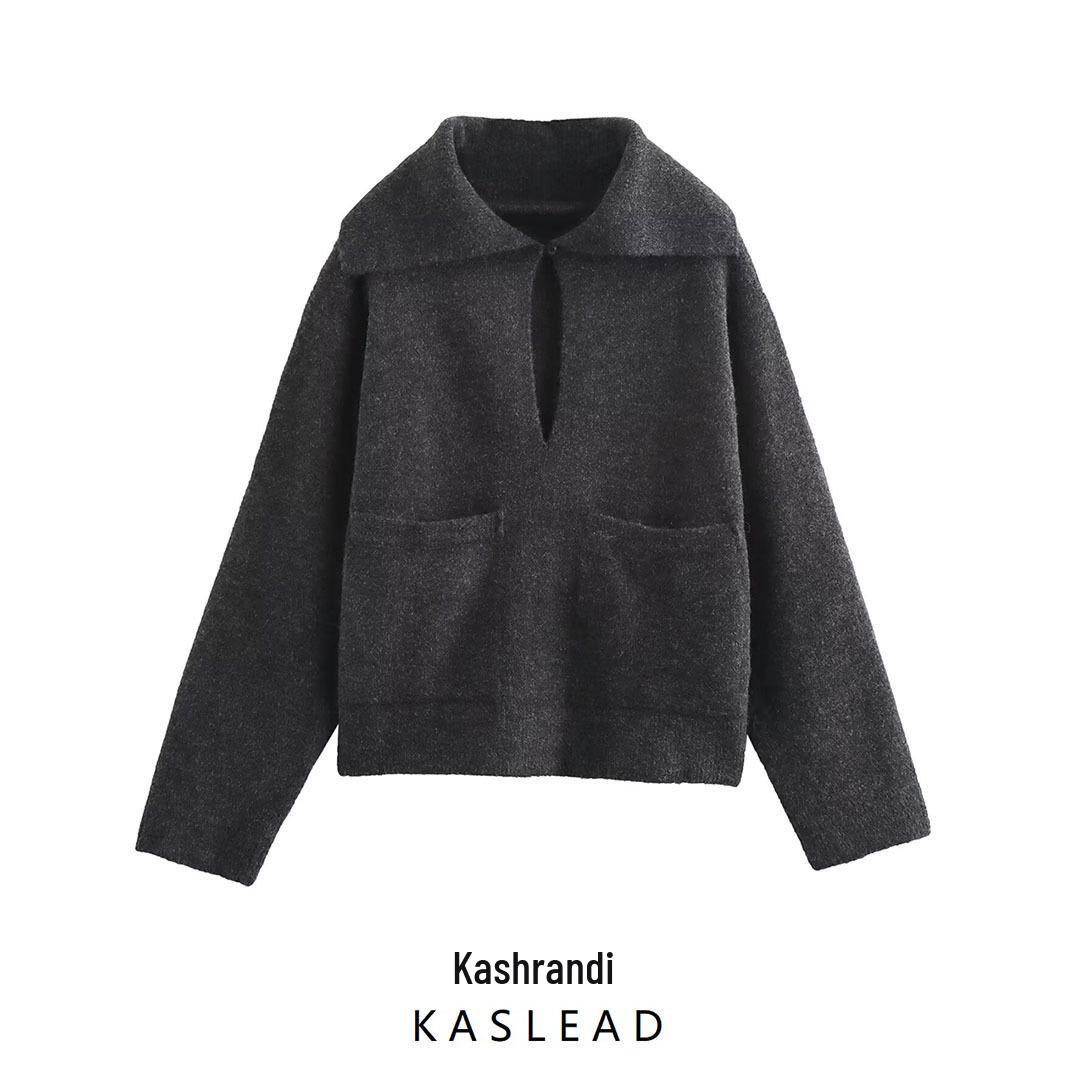 

Autumn 2024 Women s European & American Style Knit Sweater with Patch Pocket and Turn-Down Collar Large темно-серого