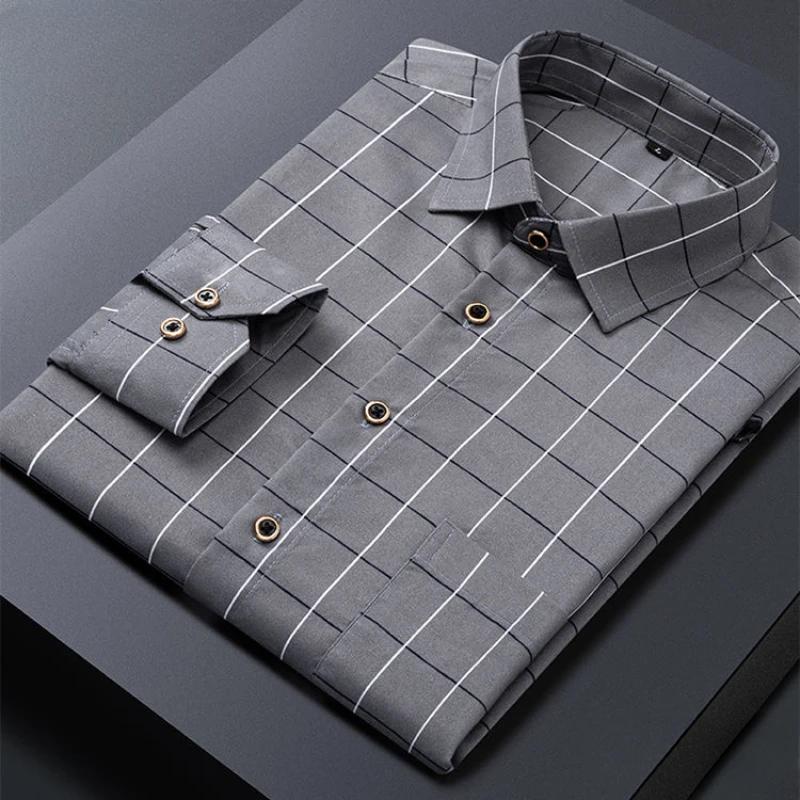 Men's Striped Shirts Formale Casual Printed Plaid Shirt Long Sleeve Slim Fit Botton Down Male Office Business Dress Shirt M-5XL