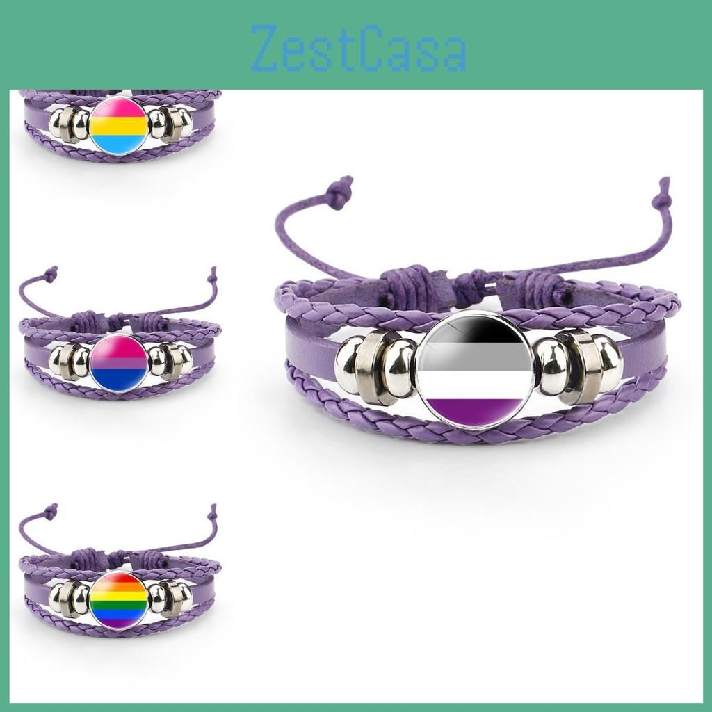 Distinctive And Colorful Rainbow Flag Time Gemstone Purple Leather Bracelet