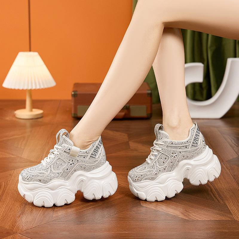 Fashion Shiny Rhinestone Chunky Platform Sneakers Trendy Bling Design, Ultra-Thick Sole Women’s Shoes for Street Fashion & Party Styling