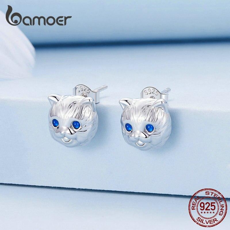 

BAMOER стерлингового серебра 925 пробы милый кот серьги-гвоздики синие шпинелевые серьги для женщин подарок на день рождения ювелирные изделия 925 silver