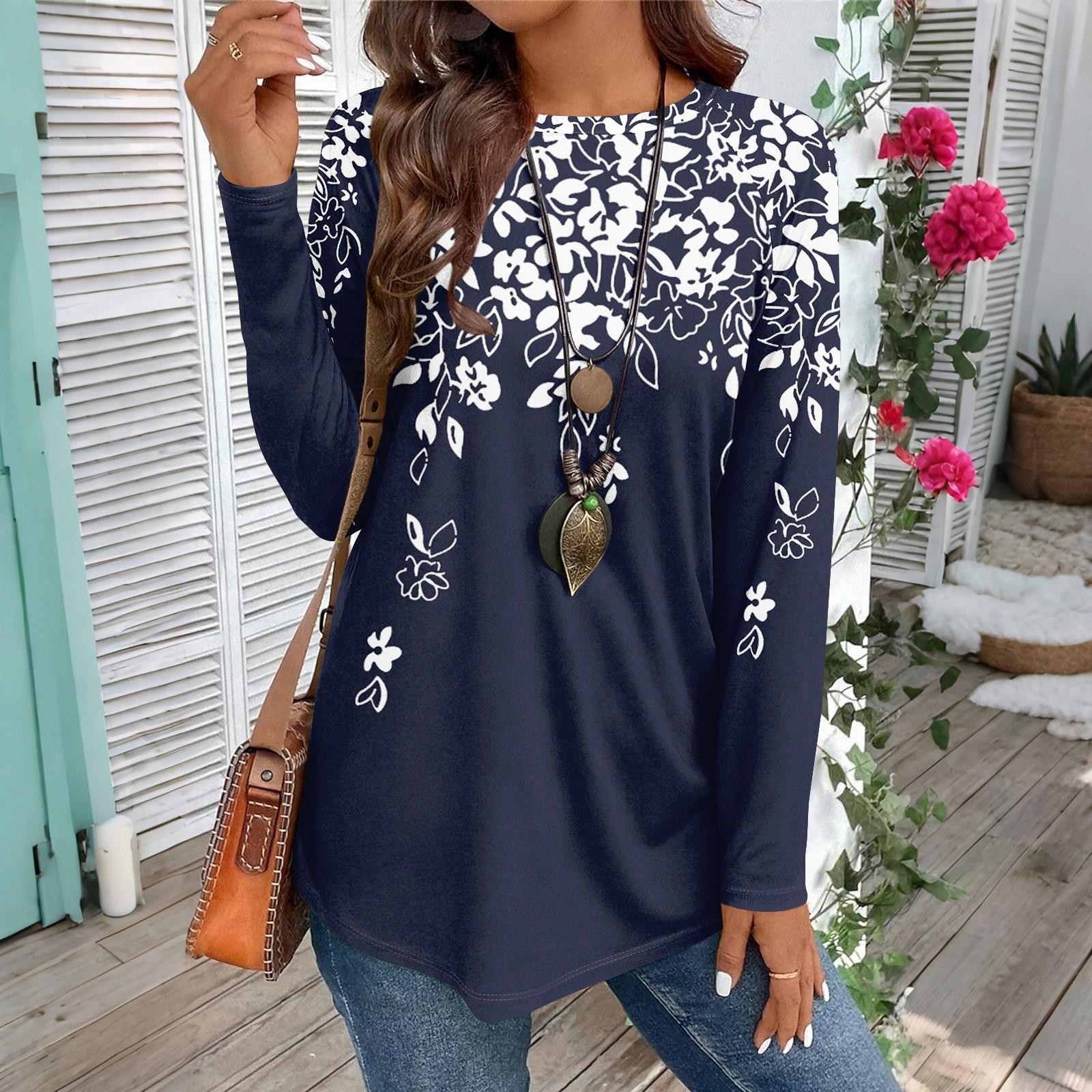 

Женская повседневная футболка большого размера с длинными рукавами и круглым вырезом, винтажный этнический принт, топ-пуловер XL тёмно-синий