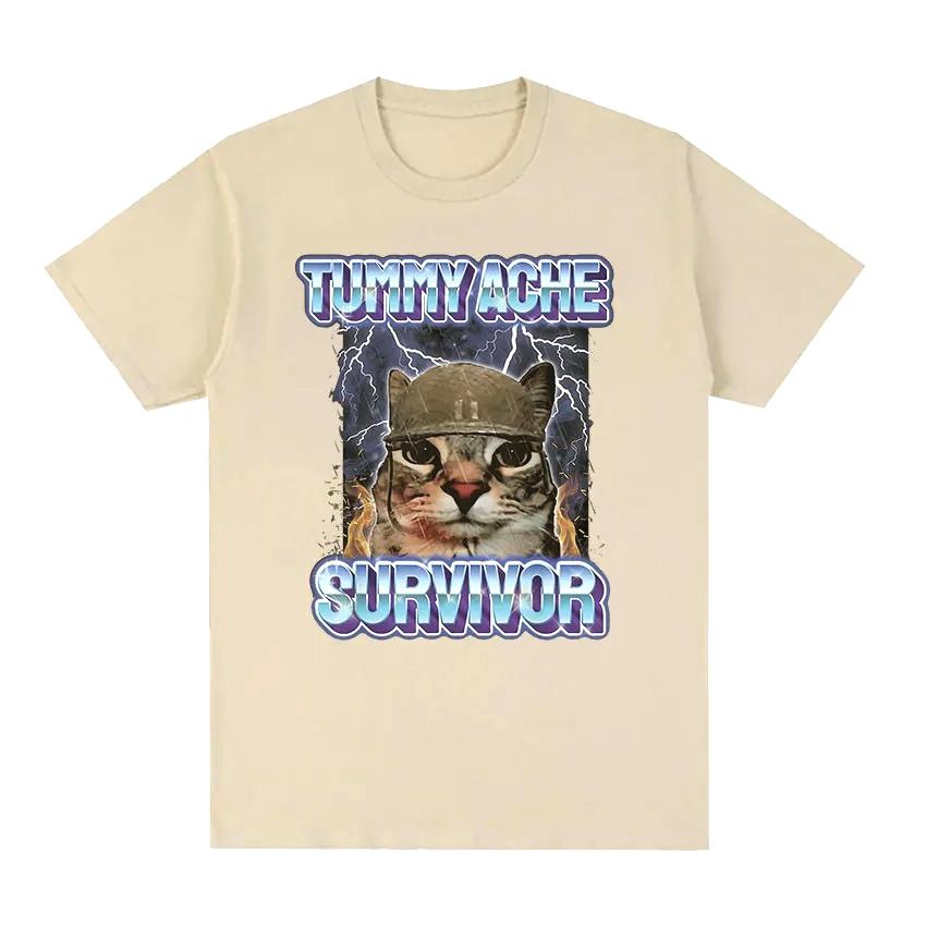 Vintage Tummy Ache Survivor Funny Cat Meme Print Tee Shirt Women Clothing Fashion Short Sleeve Casual T Shirt Top Clothing