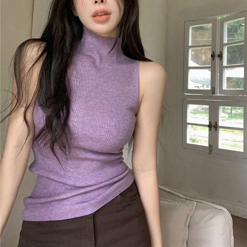 Spice Girl Turtleneck Sleeveless Knit Base with Little Tank Top Thin Slim-fit Stretch Top