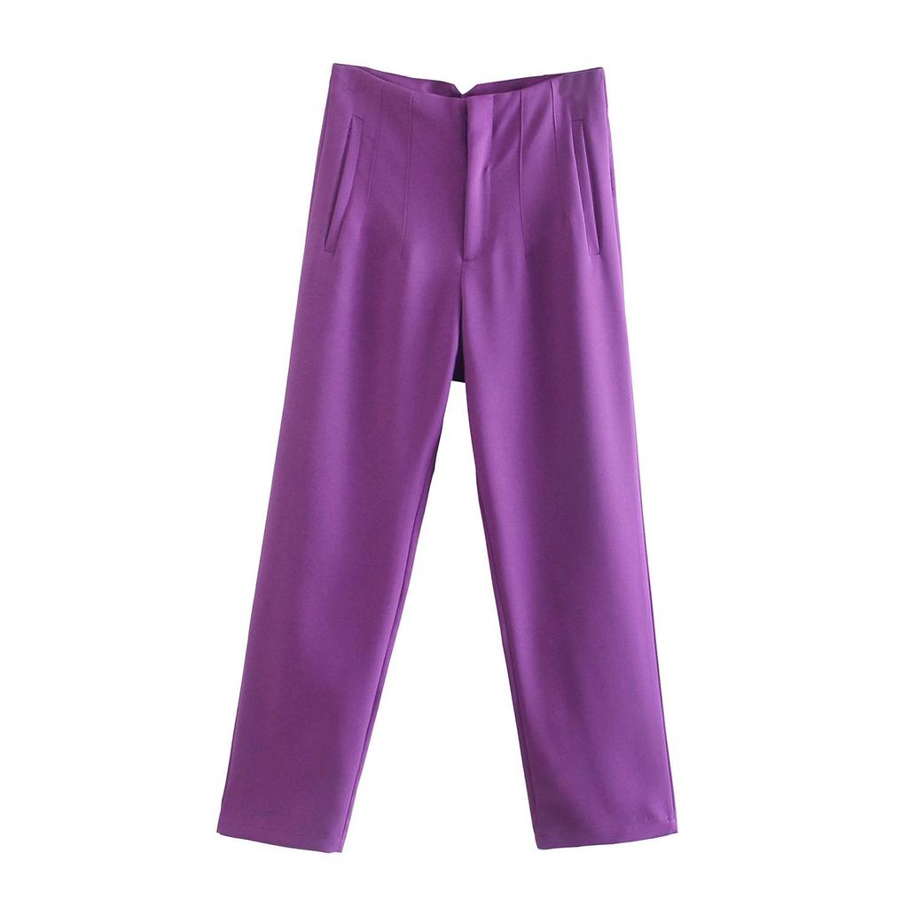 Women Solid Color High Waist Pockets Buttons Office Lady Orange Suit Pants Trousers