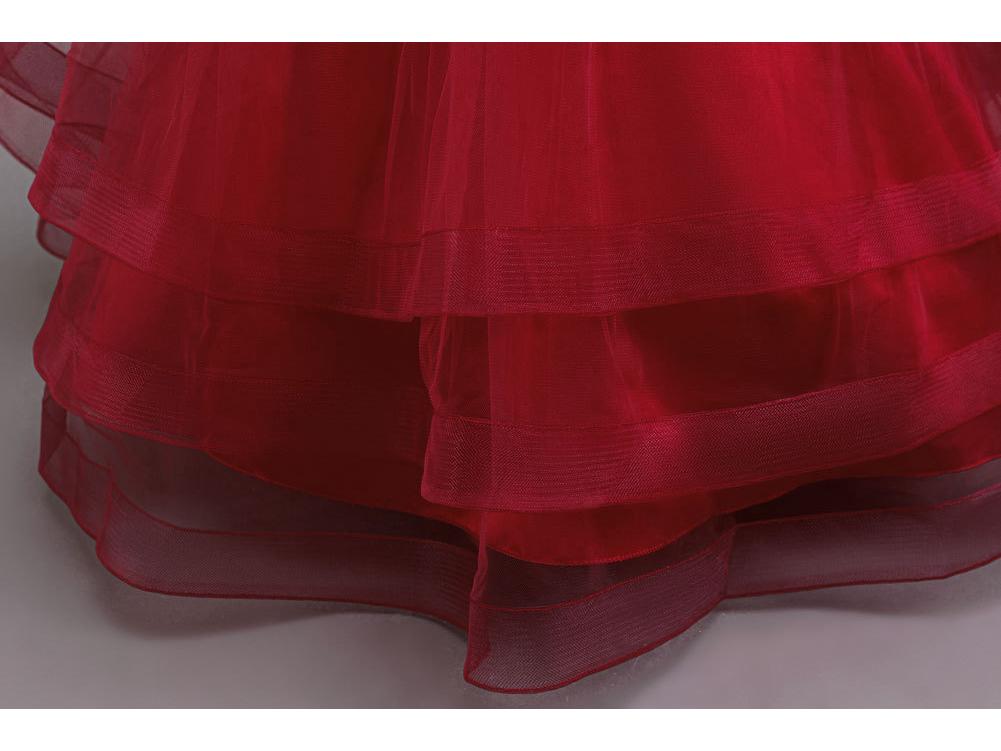 Girls' Red Embroidered Long Evening Dress - Christmas Princess & Performance Outfit