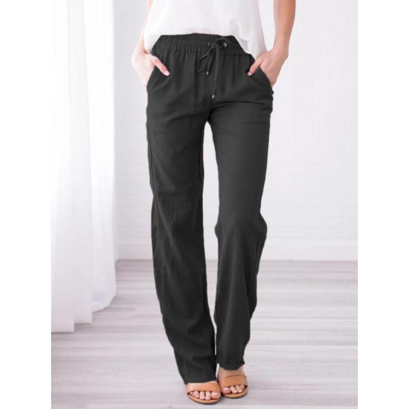 Damen Baumwolle Leinen Kordelzug Hose Elastischer Bund Lässige Einfarbig Hose Baggy Locker Gerades Bein Atmungsaktive Jogginghose