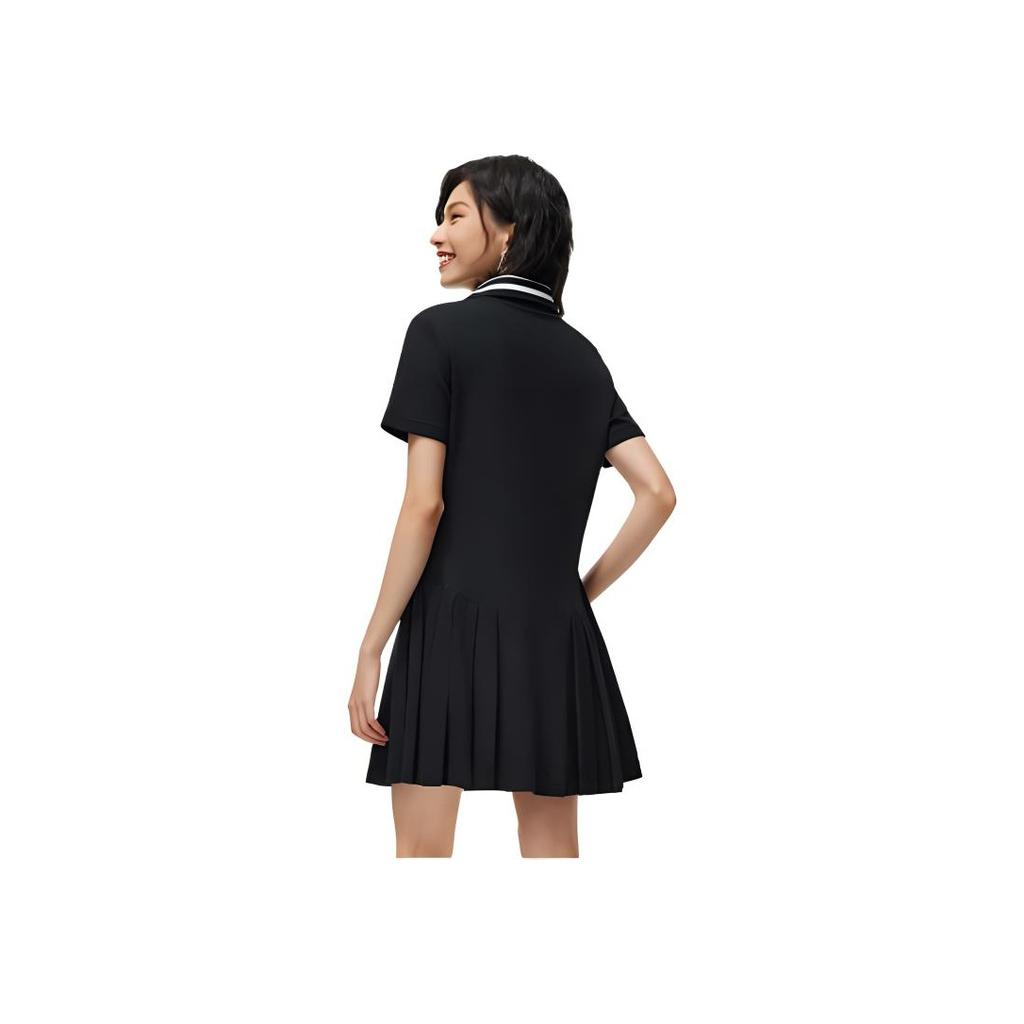 Li Ning Sports Trend Series Logo Pleated Short Sleeve Dress Women dresses Black ASKT076-2
