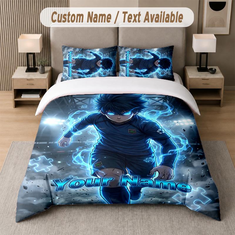 Blue Lock 3Pcs Bedding Set, Personalized Custom Name Text, 1 Duvet Cover & 2 Pillowcases For Bedroom