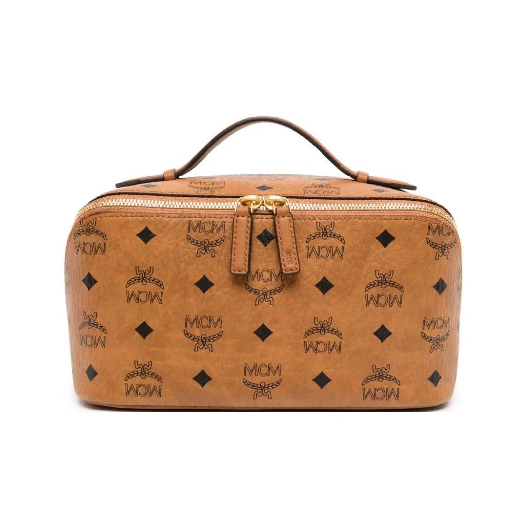 

MCM Ottomar Visetos Brass Hardware Double-sided Zipper Opening Canvas Patchwork Leather Handbag Makeup Bag Wash Bag Women s Cognac Color Basic set bag (bag+dust bag) коричневый