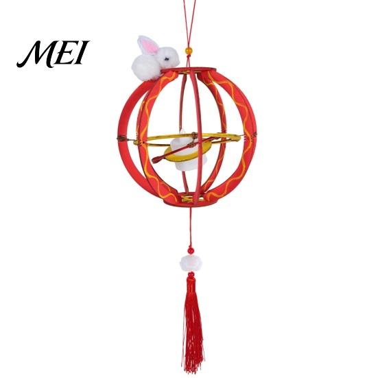 Chinese Style Lantern Kit DIY for Mid-Autumn Festival, Hollow Wooden Rotating Ring Hanging Ornament with Rabbit, Handmade LED Candle Toy Tassels