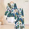 Women Plus Size Round Neck Long Sleeve Printed High Low Top Wide Leg Pants Two Piece Set