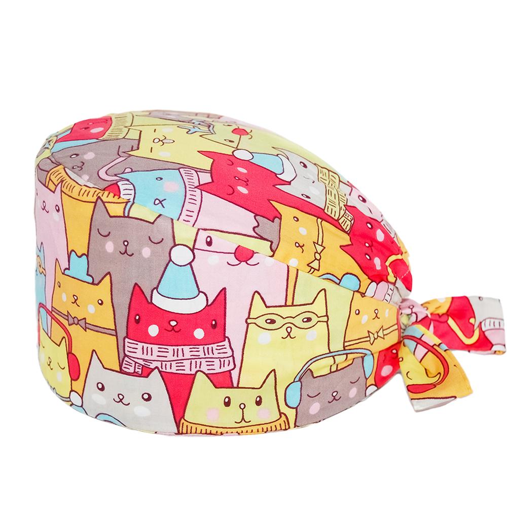 Women Men Cute Cat Printed Scrub Cap Breathable Cotton Medical Surgical Cap Adjustable Doctor Nurse Working Hat
