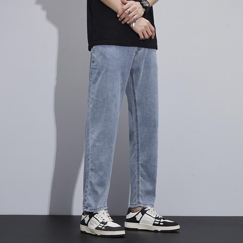 Tencel denim men's summer lightweight lyocell loose straight high-end soft trend versatile nine-point pants