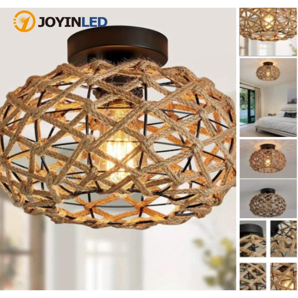 JOYINLED E27 Natural Handmade Hemp Rope Brown Pendant Light Creative Chandelier Modern Wicker Light for Restaurant Coffee Shop