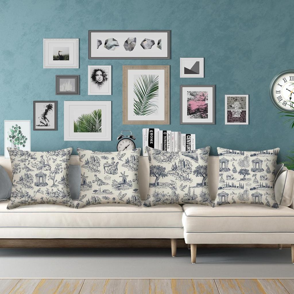 HOSTECCO French Country Toile Throw Pillow Covers 18x18 inches Set of 4 Blue Toile Linen Pillow Cases Vintage Farmhouse Decorative Cushion Covers for