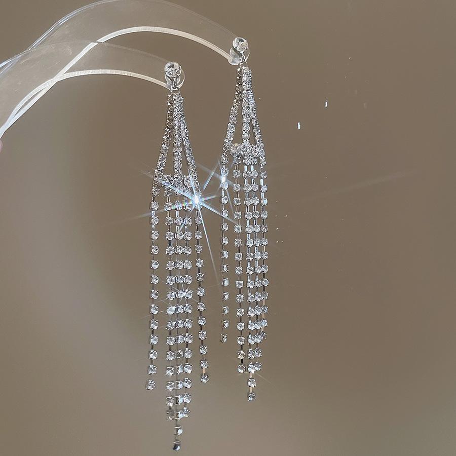 2025 Light Luxury Silver Needle Diamond Flower Tassel Earrings - Elegant European & American Style for Women