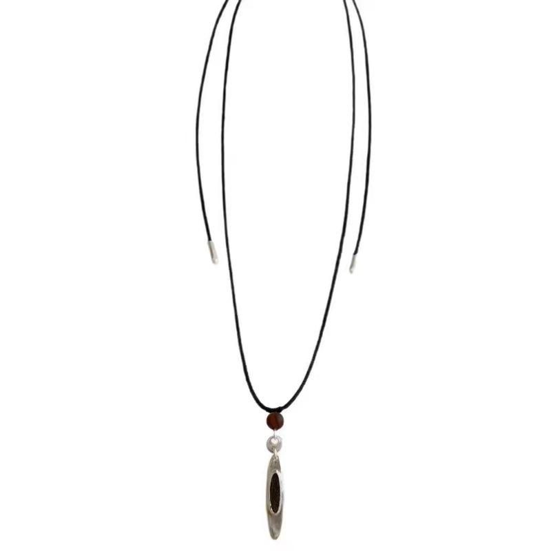 Long Water Droplets, Black Agate Pendant, Sweater Chain, Simple And Cold Style, Simple And Versatile Trend Woven Rope Necklace
