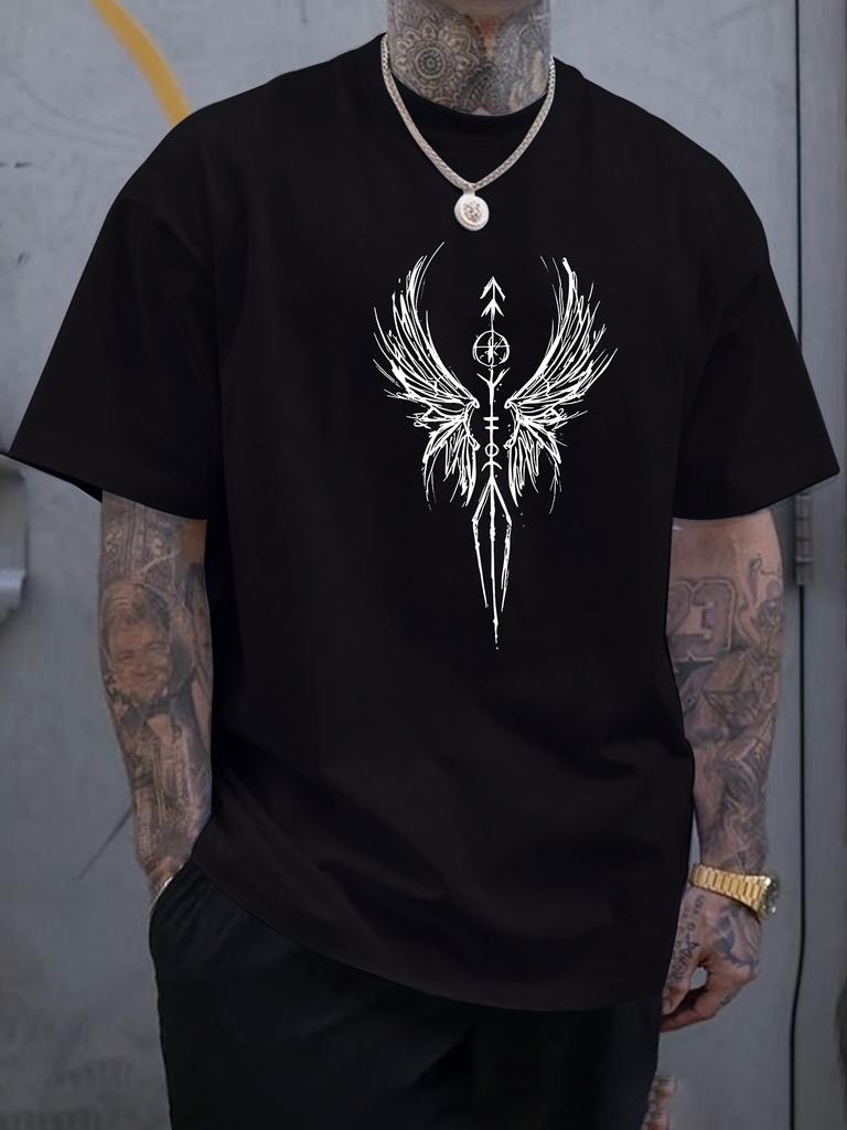 Unisex Summer Cotton Short Sleeve T Shirt White Sketch Wing Arrow Compass Totem Print Crew Neck Goth Street Casual Male Tee