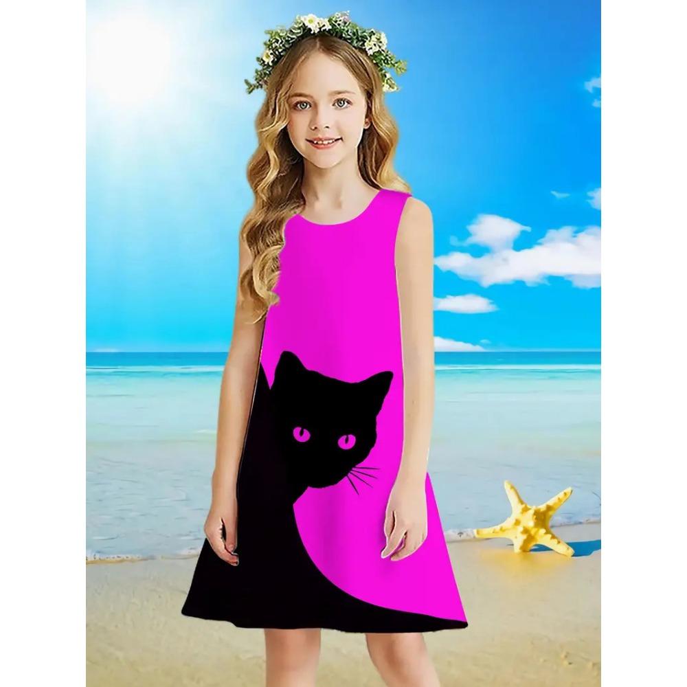 Frühling und Sommer neues ärmelloses Rundhals-Westenkleid für Mädchen, niedliches Prinzessinnenkleid, 3D-Digitaldruckmuster