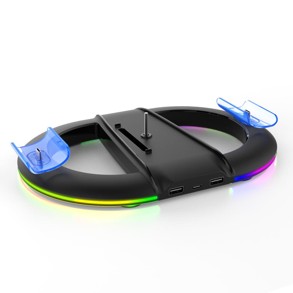 Vertical Stand for PS5 Slim/Pro,Multi-Function Dock with RGB Lighting, Headset Hook & Dual Controller Charging