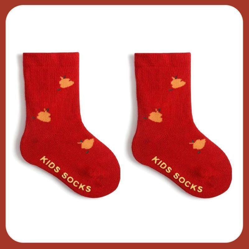 Non-slip Red Cotton Baby Socks for Spring & Autumn - Suitable for New Year, Boys & Girls, Ages 1-12 Months