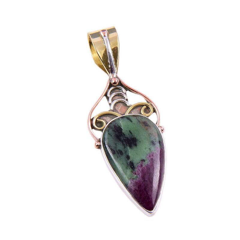 Ruby In Zoisite Lab-Created 925 Sterling Silver Gift Two Tone Pendant 1.75" g8v50