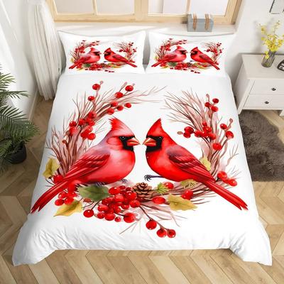 Red Cardinals Bedding Collection King Queen Size Watercolor Pine Cones Duvet Cover Cute Birds Comforter Cover Romantic Love Quilt Cover
