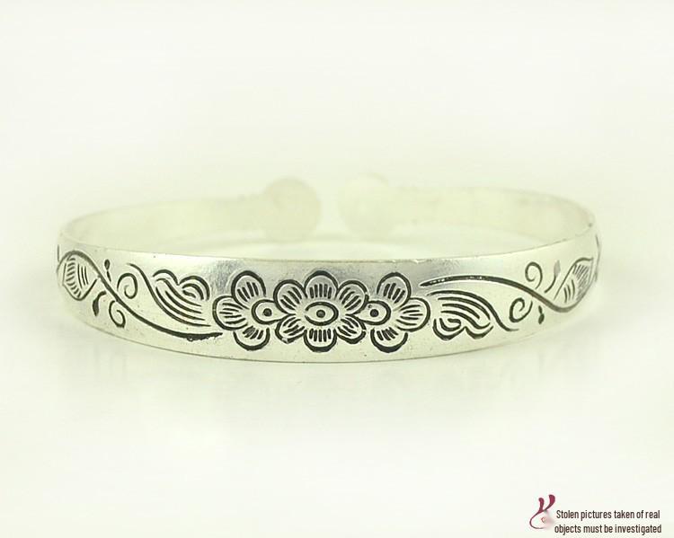 Retro Ethnic Tibetan Silver Bracelet with Elephant Carving - Open Women's Dragon & Phoenix Bangle
