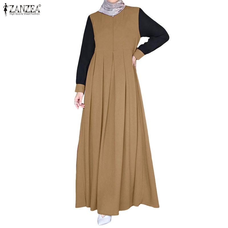 ZANZEA Women Casual Round Neck Splice Long Sleeve Muslim Long Dress