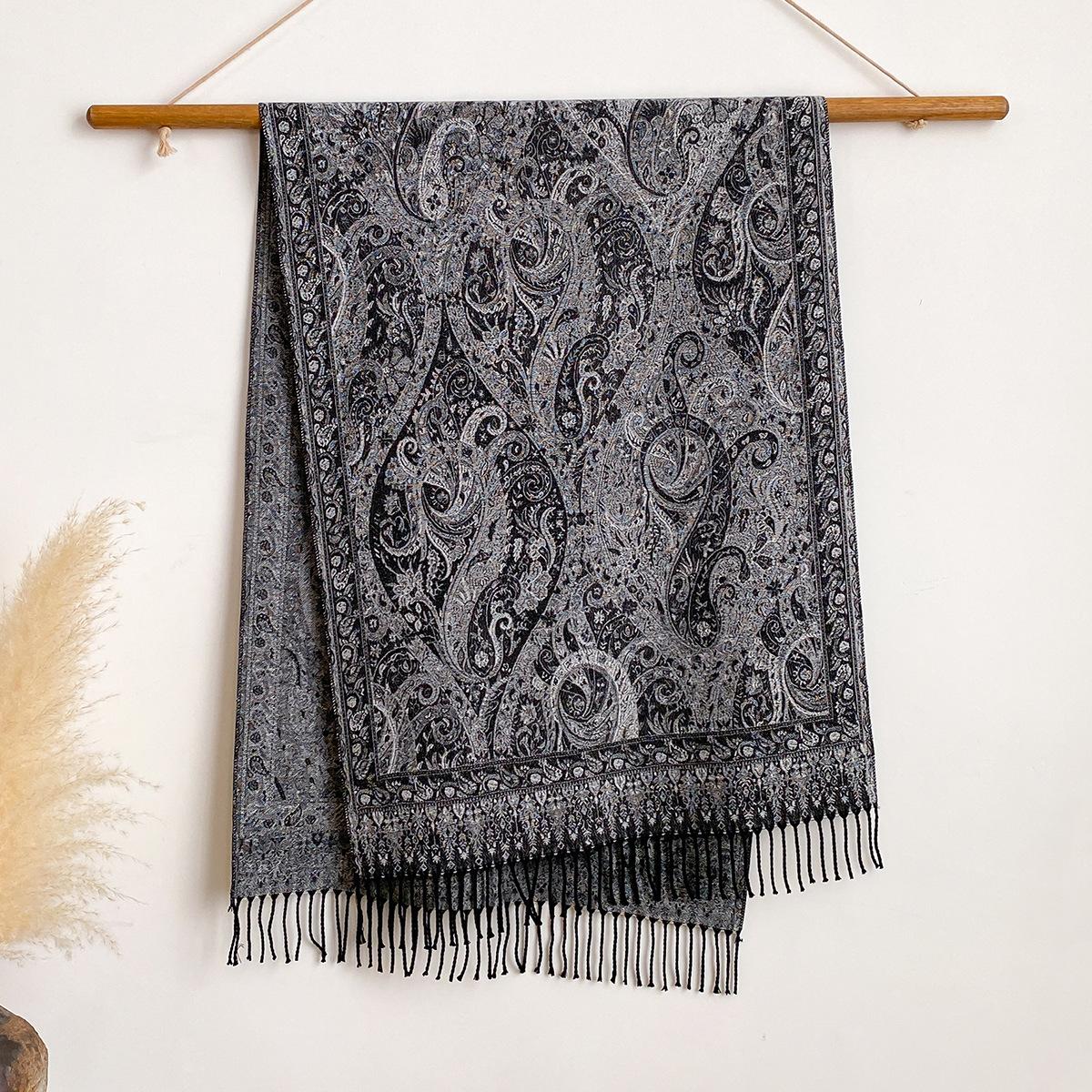 

025 имитация кашемира жаккардовый шарф шаль бахрома ретро цветок кешью этнический стиль двусторонний 200x65cm