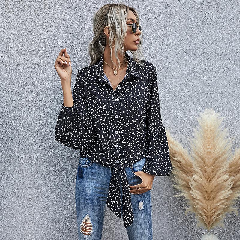 

Женская весна-лето повседневная блузка Рубашка Топ с пышными рукавами и отложным воротником Однобортный бандаж из шифона с узором «Любовь» с принтом Черный SML XL XL чёрный