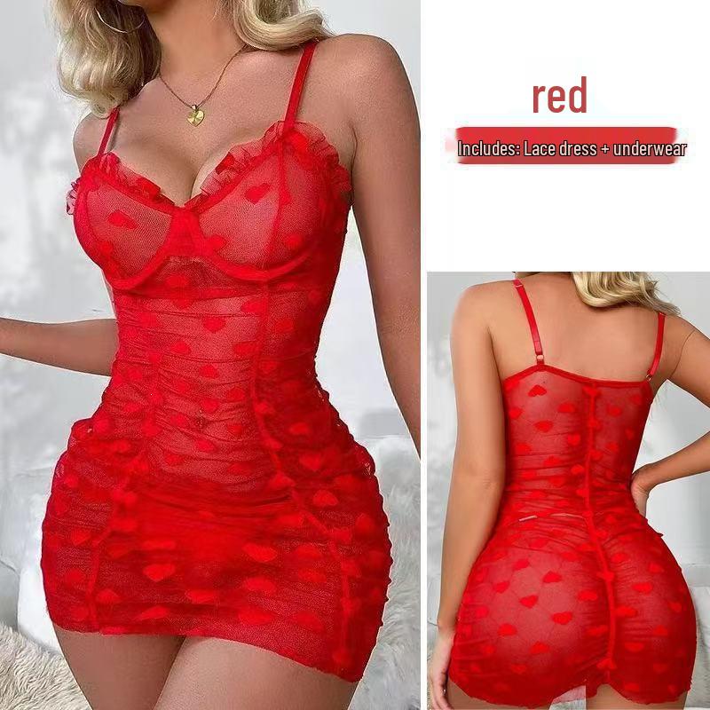 European & American Heart Print Lace-up Mesh Nightgown