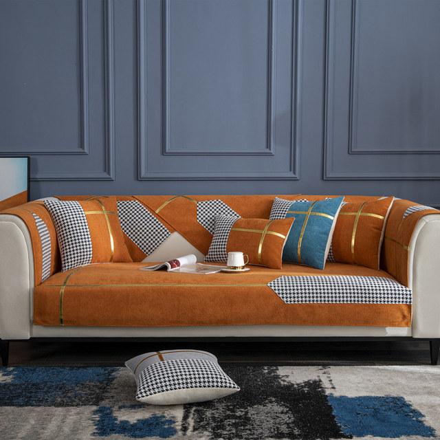 Luxury Plaid Chenille Sofa Cover L Shape Velvet Couch Slipcover Furniture Protector Armrest Recliner Towel Gray