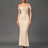 Fishbone mesh pleated dress European and American sexy backless one-word shoulder tight hip-wrapped dress long dress