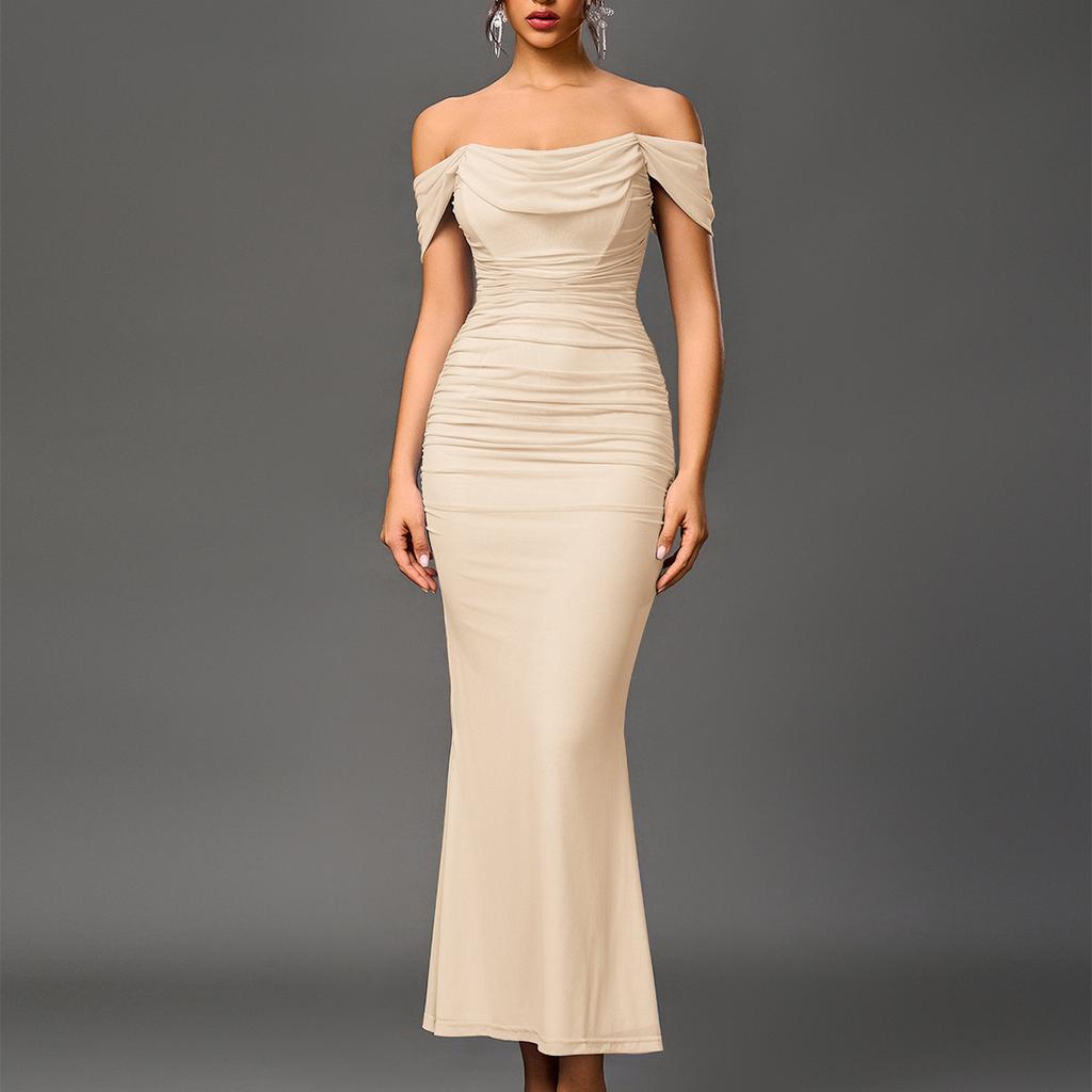 Fishbone mesh pleated dress European and American sexy backless one-word shoulder tight hip-wrapped dress long dress
