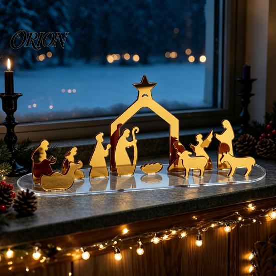 Seasonal Home Decor Christmas Acrylic Ornament, Mirrored Golden Silhouette Scene, Decorative Scene Decoration Desktop Display for Holiday Living Room