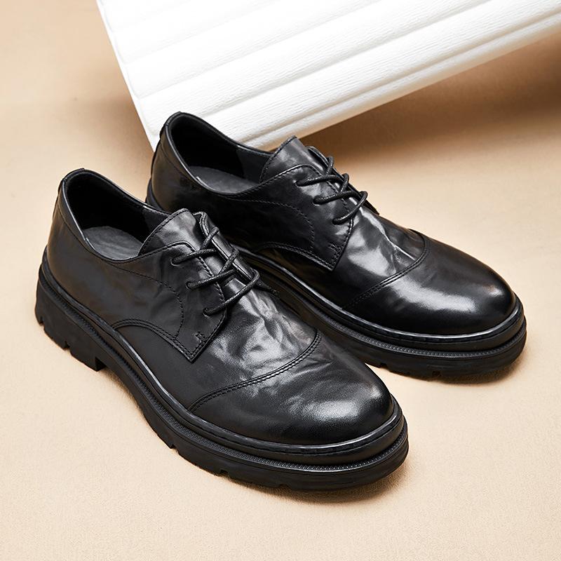 Leather Cowhide Shoes Men'S Business Casual Breathable Thick Sole Heightening Derby Shoes British Dress Wedding Suit Men'S Shoes