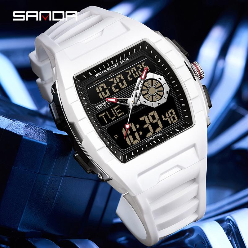 Sanda Men's Trendy Multi-Window Fashionable Watch: 3D Stereo Stopwatch, Waterproof, Alarm Clock, Multifunctional Electronic Design.