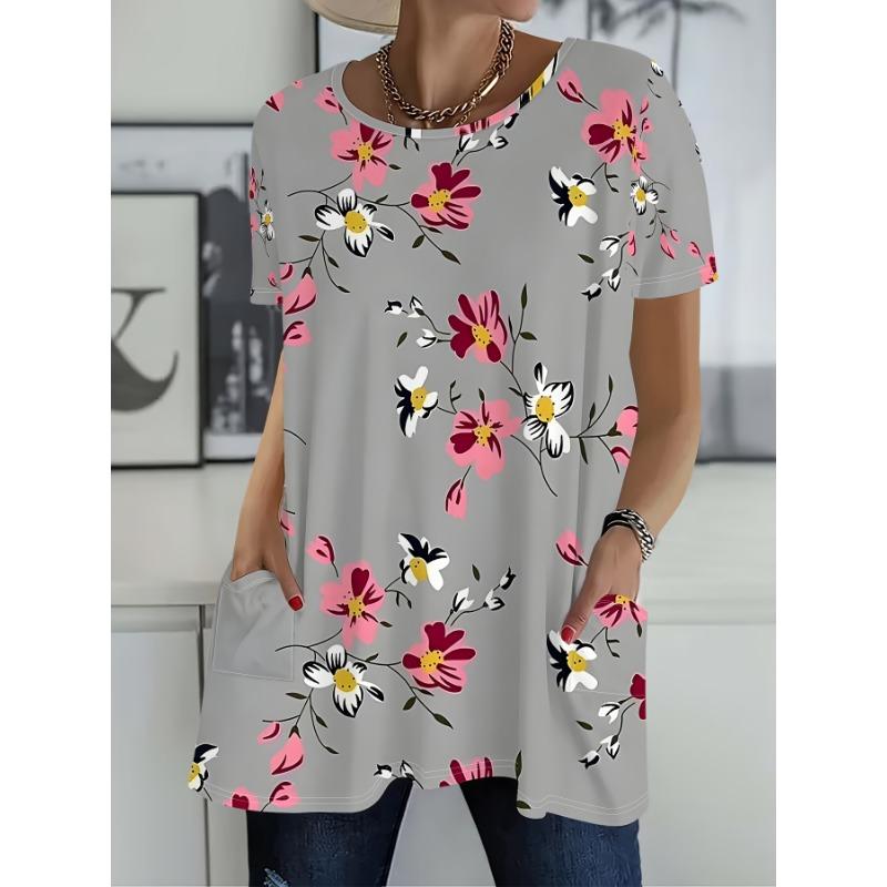 Women'S Summer Gray Base Retro Pink White Floral Branch Pocket Round Neck Short Sleeve T-Shirt Athletic Casual Comfortable Top