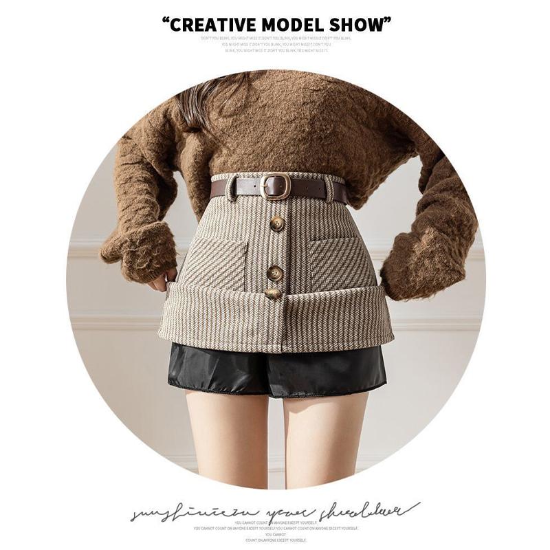 Striped Autumn Winter Skirts Womens Mini Slim Belt A-line Skirts Chic Korean Fashion Button Pocket Women Skirt