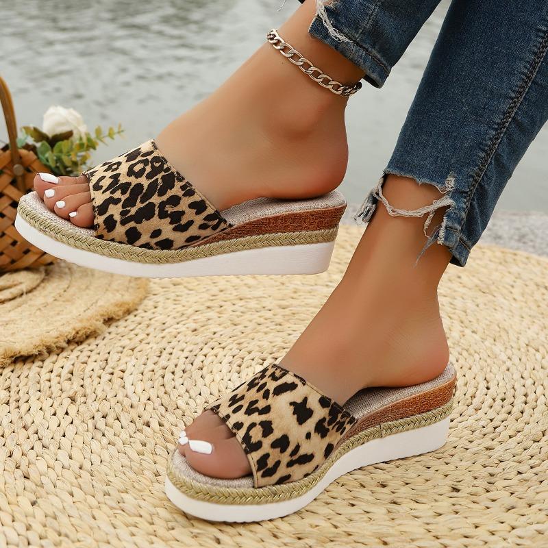 Large Size Slope Heel Cool Slippers Women's Summer New Fashion Leopard Print Muffin Thick Bottom Women's Slippers